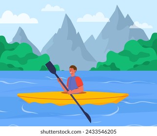 Man swims in kayak. Young guy with paddle at boat river or lake. Active lifestyle and leisure outdoor. Extreme sports. Brave and courage. Mountains near forest. Cartoon flat vector illustration