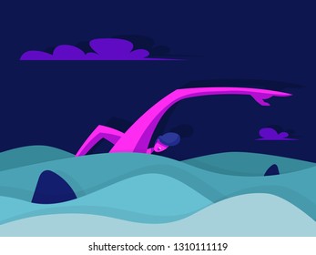 Man swims in the ocean from sharks. Vector illustration in flat style