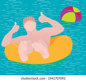 A man swims on an inflatable rubber bagel in the water