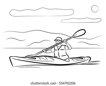 A man swims on a kayak. Vector Image.