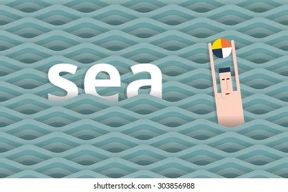 Man swims in the sea, vector cartoon illustration