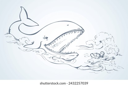 Man swims through the waves of the storm. Vector drawing