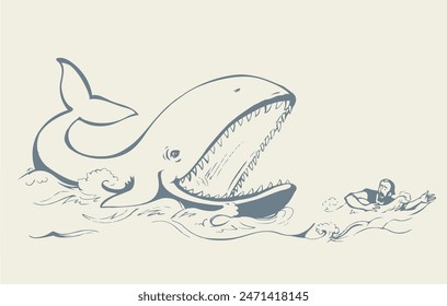 Man swims through the waves of the storm. Vector drawing