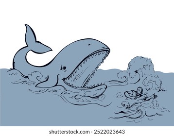 Man swims through the waves of the storm. Vector drawing