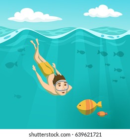 Man swims underwater. Summer leisure. Holidays and travel in to the sea. Boy is snorkeling. Swimmer is diving and looking at the fish. Sport and activity cartoon illustration