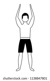 man in swimsuit with hands up
