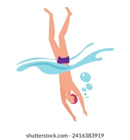 Man in swimsuit jumping into water, swimmer diving underwater in air bubbles vector illustration