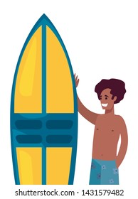 man in swimsuit with surfboard summer time