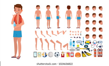 Man In Swimsuit Vector. Animated Male Character In Swimming Trunks. Summer Beach Creation Set. Full Length, Front, Side, Back View. Poses, Face Emotions, Gestures. Isolated Flat Cartoon Illustration