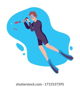 Man in Swimwear and Goggles Swimming and Photographing Fishes under the Sea, Diver Exploring the Underwater World Flat Vector Illustration