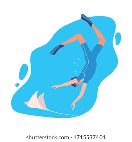 Man in Swimwear, Mask and Flippers Swimming under the Water, Extreme Hobby Flat Vector Illustration