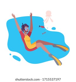 Man in Swimwear, Scuba Diving Mask and Flippers Swimming under the Water, Extreme Hobby Flat Vector Illustration