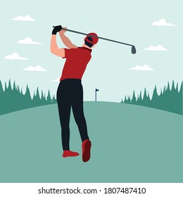 a man swing golf stick in the golf field - colorful flat illustrations