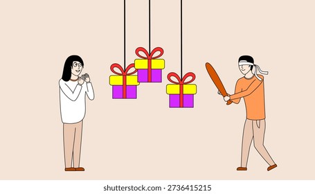 El hombre está balanceando un murciélago en tres cajas colgando del techo. Las cajas están envueltas en cintas rojas y amarillas