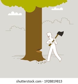 Man swinging big axe at tree trunk, chopping the big tree.