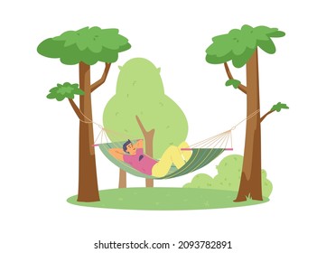Mann, der in einer Leinwand im Wald oder Garten schwingt, flache Cartoon-Vektorgrafik einzeln auf weißem Hintergrund. Freizeit- und Sommerurlaubskonzept.