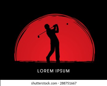 Man swinging golf, Golf players, Club, on sunrise background, graphic vector