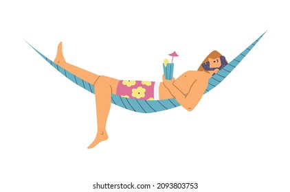 Hombre balanceándose en la hamaca con un cóctel en las manos, ilustración vectorial de dibujos planos aislados en fondo blanco. El concepto de tiempo de descanso y vacaciones marítimas de verano.