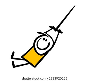 Сheerful man is swinging on a bungee over a precipice. vector illustration of adult entertainment. Cute doodle stickman isolated on white background.