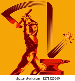 Man Swinging A Sledge Hammer On Iron Anvil As A Progress Symbol Vector Illustration.