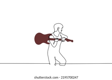 Man Swings Electric Guitar To Hit Or Smash It - One Line Drawing Vector. The Concept Of A Musician In Crisis, Hatred Towards Music Or Musical Instruments