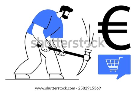 Man swings pickaxe, accompanied by large Euro symbol and shopping cart icon. Ideal for e-commerce, economy, financial growth, online shopping, work, labor, digital marketing. Line metaphor