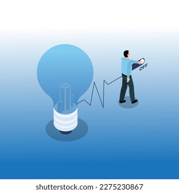 Man switch off lightbulb to save energy consumption 3d isometric vector illustration concept for banner, website, landing page, ads, flyer template
