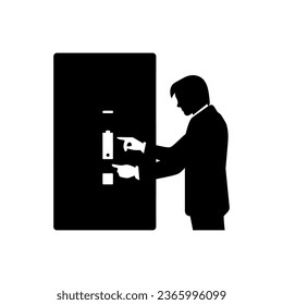 Man switching off fusebox icon isolated on white background