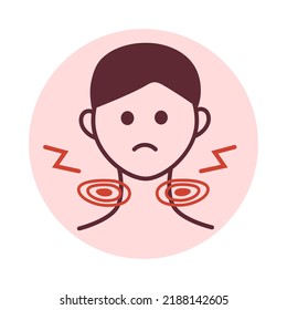 Man With Swollen Lymph Nodes. Tonsils Swelling And Redness. Inflammation In Throat. Tonsillitis, Pharyngitis. Viral Infection. Sore Throat. Difficulty Swallowing. Graphic Icon.