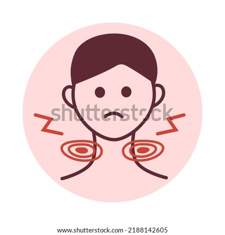 Man with swollen lymph nodes. Tonsils swelling and redness. Inflammation in throat. Tonsillitis, pharyngitis. Viral infection. Sore throat. Difficulty swallowing. Graphic icon.