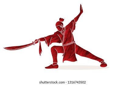 Man with sword action, Kung Fu pose graphic vector.