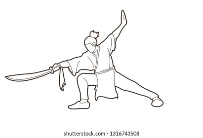 Man with sword action, Kung Fu pose graphic vector.