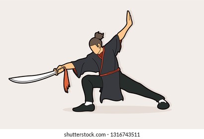 Man with sword action, Kung Fu pose graphic vector.