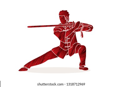 Man with sword action, Kung Fu pose graphic vector.