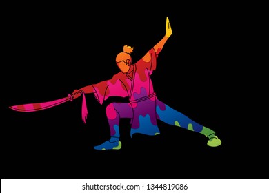 Man with sword action, Kung Fu pose graphic vector.