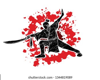 Man with sword action, Kung Fu pose graphic vector.