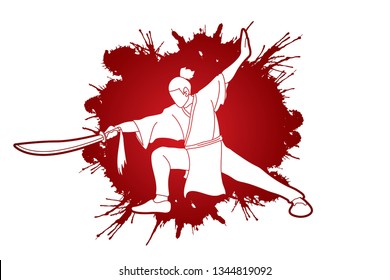 Man with sword action, Kung Fu pose graphic vector.