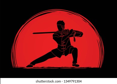 Man with sword action, Kung Fu pose graphic vector.