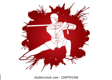 Man with sword action, Kung Fu pose graphic vector.