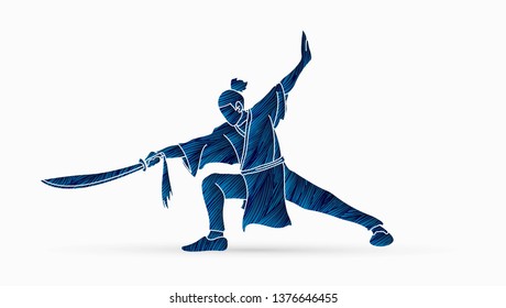 Man With Sword Action, Kung Fu Pose Graphic Vector.