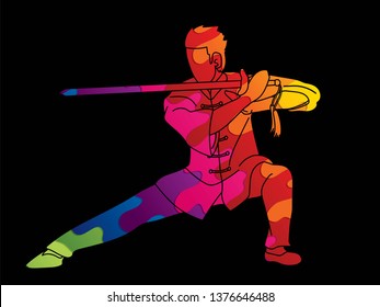 Man with sword action, Kung Fu pose graphic vector.