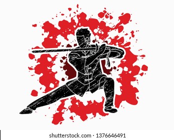 Man with sword action, Kung Fu pose graphic vector.