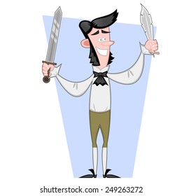 Man with sword and feather. Vector illustration.