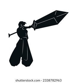 Man with sword holding, silhouette posing vector graphic.