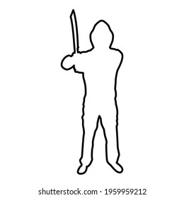 Man with sword machete Cold weapons in hand military man Soldier Serviceman in positions Hunter with knife Fight poses Strong defender Warrior concept Weaponry Stand contour outline black color 