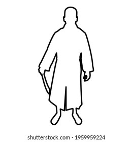 Man with sword machete Cold weapons in hand military man Soldier Serviceman in positions Hunter with knife Fight poses Strong defender Warrior concept Weaponry Stand contour outline black color 