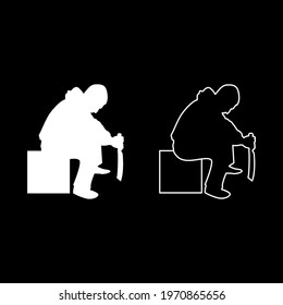 Man with sword machete Cold weapons in hand military man Soldier Serviceman in positions Hunter with knife Fight poses Strong defender Warrior concept Weaponry Sit on box silhouette white color 