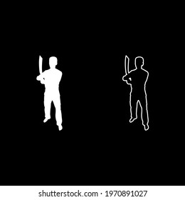 Man with sword machete Cold weapons in hand military man Soldier Serviceman in positions Hunter with knife Fight poses Strong defender Warrior concept Weaponry Stand silhouette white color vector 