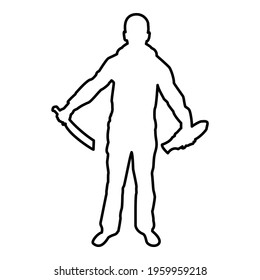 Man with sword machete remove sheath scabbard Cold weapons in hand military man Soldier Serviceman in positions Hunter with knife Fight poses Strong defender Warrior concept Weaponry Stand contour 