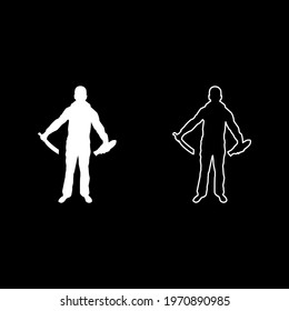 Man with sword machete remove sheath scabbard Cold weapons in hand military man Soldier Serviceman in positions Hunter with knife Fight poses Strong defender Warrior concept Weaponry Stand silhouette 
